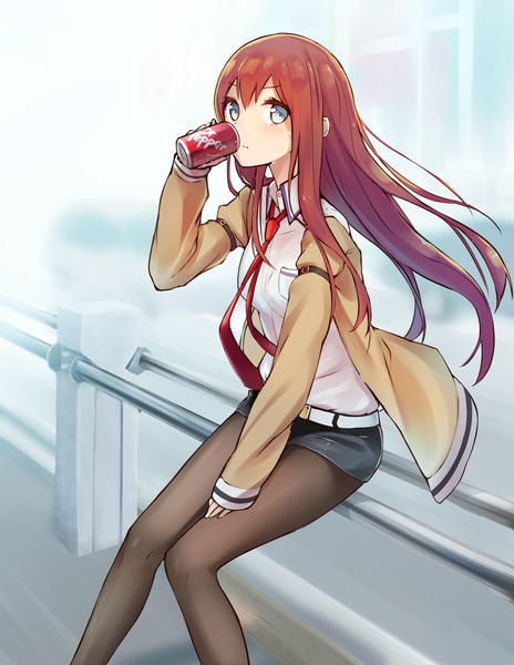 Anime picture 1548x2000 with steins;gate white fox dr pepper makise kurisu ninnzinn single long hair tall image looking at viewer blush fringe brown hair sitting open clothes open jacket silver eyes girl shirt pantyhose necktie