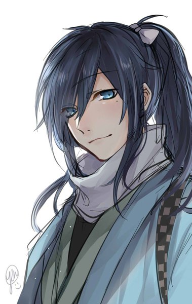 Anime picture 750x1186 with touken ranbu nitroplus yamato no kami yasusada na yeon single long hair tall image looking at viewer fringe blue eyes simple background hair between eyes white background signed payot blue hair upper body ponytail traditional clothes japanese clothes