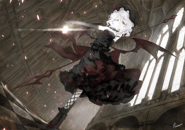 Anime-Bild 3000x2121 mit touhou remilia scarlet kawahara fantasia single highres short hair red eyes standing white hair indoors dutch angle alternate costume outstretched arm checkered floor bat wings checkered gothic alternate color girl dress