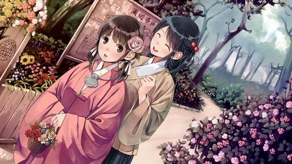 Anime picture 1920x1080 with original pvmivs blush highres short hair open mouth black hair smile wide image multiple girls eyes closed traditional clothes hair flower black eyes girl hair ornament flower (flowers) 2 girls plant (plants) tree (trees)