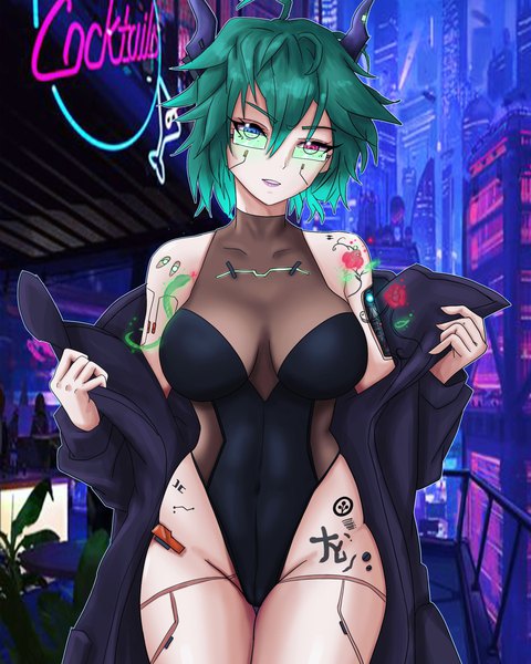 Anime picture 2158x2698 with original rainbow d fox single tall image looking at viewer fringe highres short hair breasts blue eyes light erotic hair between eyes red eyes large breasts standing ahoge parted lips horn (horns) green hair off shoulder