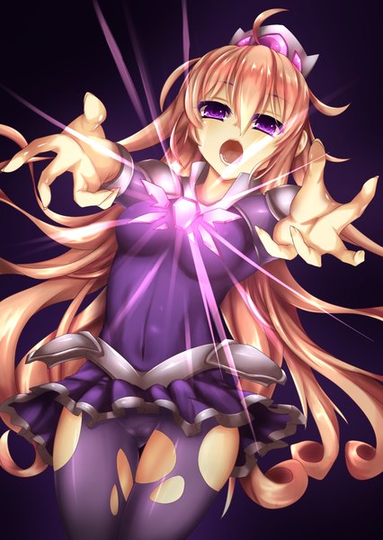 Anime picture 900x1268 with fi-san single long hair tall image open mouth light erotic blonde hair purple eyes ahoge torn clothes magic purple background torn pantyhose girl pantyhose