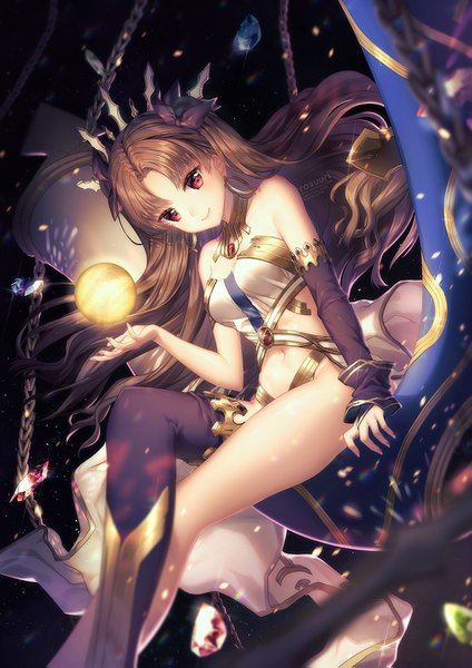 Anime picture 1000x1415 with fate (series) fate/grand order toosaka rin ishtar (fate) rosuuri single long hair tall image looking at viewer light erotic smile red eyes brown hair sitting signed two side up crossed legs black background weightlessness girl