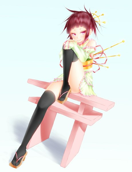 Anime picture 779x1013 with original noppi (noppi 98) single tall image looking at viewer blush short hair light erotic smile brown hair full body pink eyes girl thighhighs dress black thighhighs