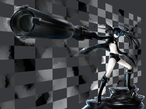 Anime picture 3200x2387 with black rock shooter vocaloid vocaloid append black rock shooter (character) hatsune miku (append) kuroi mato highres blue eyes black hair absurdres glowing glowing eye (eyes) checkered background girl weapon gun