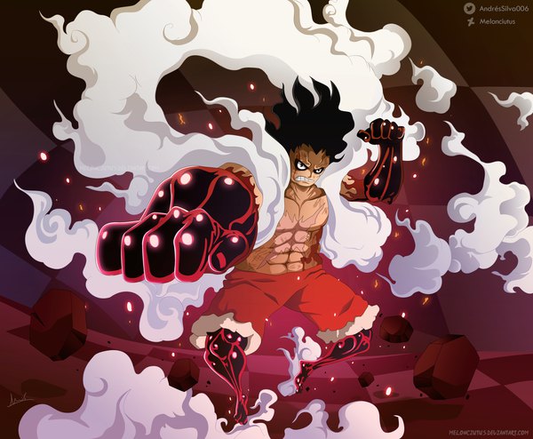 Anime picture 2835x2335 with one piece toei animation monkey d. luffy melonciutus single looking at viewer highres short hair black hair signed full body black eyes no shoes fur trim twitter username coloring outstretched arm scar topless smoke