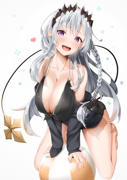 Anime picture 1130x1600 with virtual youtuber honey strap sougetsu eli aoi gorilla single long hair tall image looking at viewer blush fringe breasts light erotic simple background large breasts white background bare shoulders payot cleavage silver hair bent knee (knees)