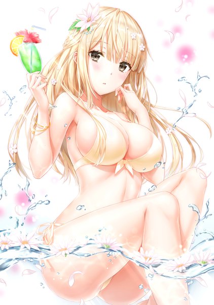 Anime picture 1056x1500 with original kyariko single long hair tall image looking at viewer blush fringe breasts open mouth light erotic simple background blonde hair large breasts white background bare shoulders holding brown eyes bent knee (knees) blunt bangs