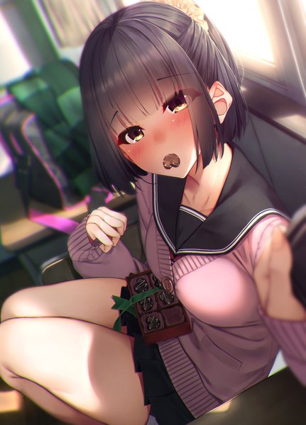 Anime picture 1058x1471 with original waterdog single tall image looking at viewer blush fringe short hair black hair sitting holding yellow eyes payot bent knee (knees) indoors blunt bangs long sleeves pleated skirt fingernails blurry