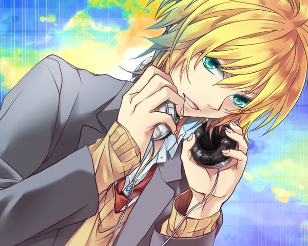 Anime picture 1280x1024 with vocaloid kagamine len single looking at viewer short hair open mouth blonde hair green eyes boy uniform school uniform headphones