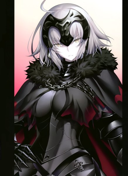 Anime-Bild 2502x3432 mit fate (series) fate/grand order jeanne d'arc (fate) (all) jeanne d'arc alter (fate) kousaki rui single tall image looking at viewer fringe highres short hair breasts simple background large breasts standing yellow eyes silver hair upper body ahoge scan
