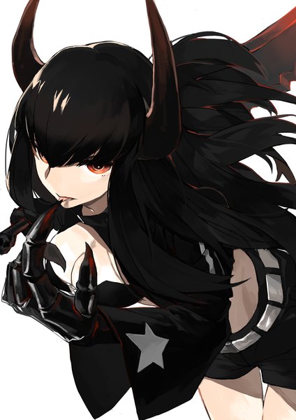 Anime picture 1240x1754 with black rock shooter black gold saw kuki single long hair tall image looking at viewer fringe breasts open mouth light erotic black hair simple background red eyes large breasts standing white background cleavage blunt bangs long sleeves