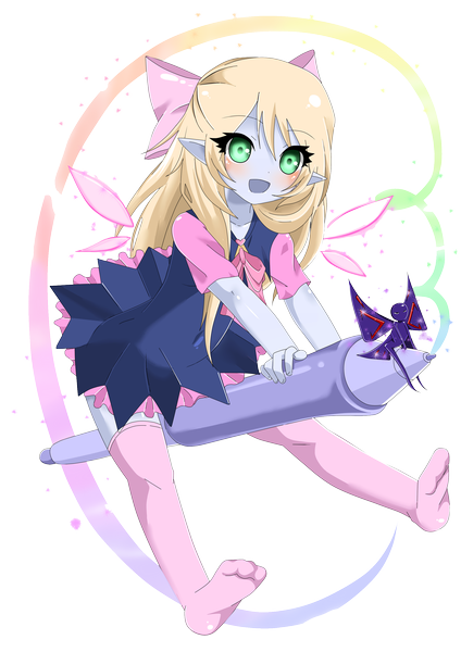 Anime picture 2000x2829 with league of legends lulu (league of legends) x3nyancatx3 single long hair tall image looking at viewer blush highres open mouth blonde hair green eyes pointy ears loli transparent background fairy girl thighhighs dress bow