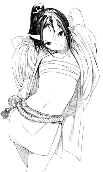 Anime picture 1148x1920 with original shiro shougun single long hair tall image looking at viewer fringe breasts light erotic simple background standing white background ponytail traditional clothes head tilt japanese clothes horn (horns) pointy ears open clothes bare belly