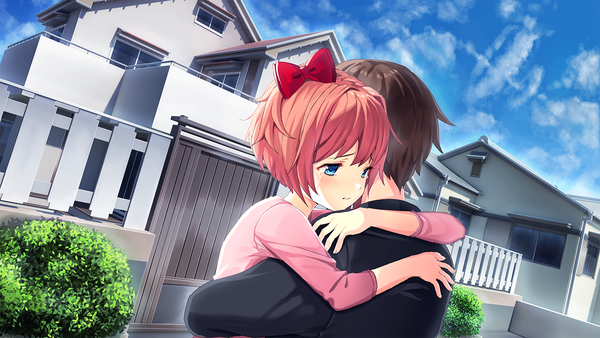 Anime picture 1280x720 with doki doki literature club sayori (doki doki literature club) protagonist (doki doki literature club) satchely blush fringe short hair blue eyes brown hair wide image looking away pink hair game cg sky cloud (clouds) upper body outdoors long sleeves parted lips from behind