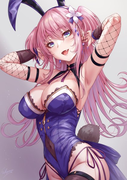 Anime picture 1500x2121 with original sakiyamama single long hair tall image looking at viewer blush fringe breasts open mouth blue eyes light erotic simple background smile hair between eyes large breasts standing signed animal ears pink hair