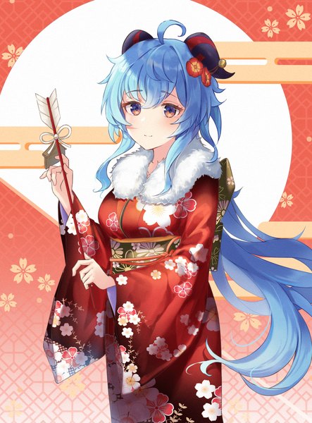 Anime picture 4800x6500 with genshin impact ganyu (genshin impact) whitesky halan single long hair tall image looking at viewer blush fringe highres breasts smile hair between eyes red eyes large breasts standing blue hair absurdres ahoge traditional clothes