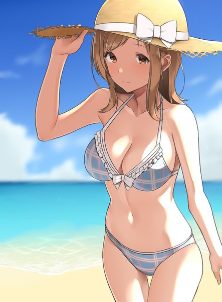 Anime picture 1034x1400 with idolmaster idolmaster shiny colors sakuragi mano nnoelllll single long hair tall image looking at viewer blush fringe breasts light erotic brown hair large breasts standing brown eyes payot sky cleavage cloud (clouds)