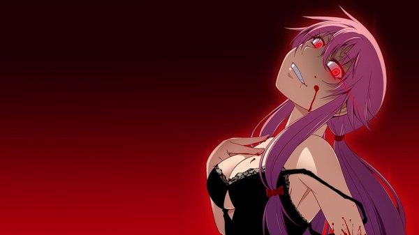Anime picture 1920x1080 with mirai nikki gasai yuno hayashi custom single long hair highres red eyes wide image pink hair cleavage red background girl blood