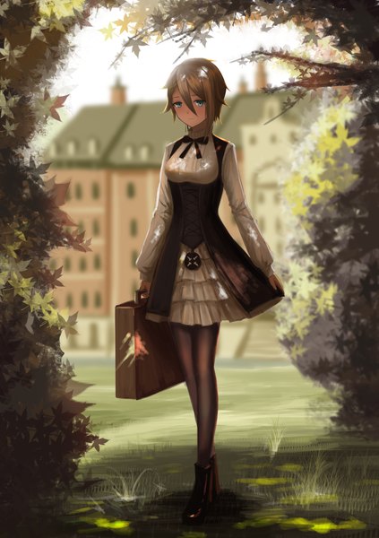 Anime picture 1748x2480 with princess principal ange (princess principal) yurichtofen single tall image fringe highres short hair breasts blue eyes smile hair between eyes standing holding sky full body ahoge bent knee (knees) outdoors grey hair