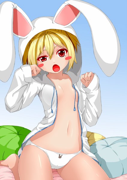 Anime picture 1000x1418 with original ayase tamaki tall image blush short hair open mouth light erotic blonde hair red eyes girl navel underwear panties pillow