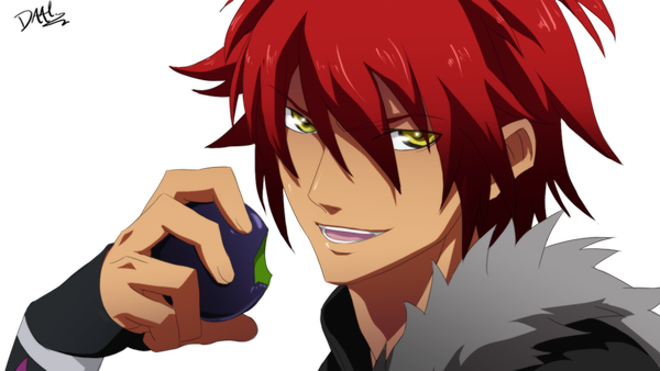 Anime picture 1024x577 with aquarion (series) aquarion evol satelight kagura demuri daalart (eyegame) single short hair open mouth smile wide image yellow eyes red hair coloring portrait transparent background face boy fur