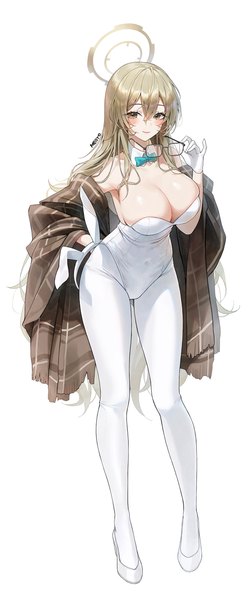 Anime picture 1200x2908 with blue archive akane (blue archive) akane (bunny girl) (blue archive) meoyo single long hair tall image looking at viewer blush fringe breasts light erotic simple background smile hair between eyes brown hair large breasts standing white background brown eyes