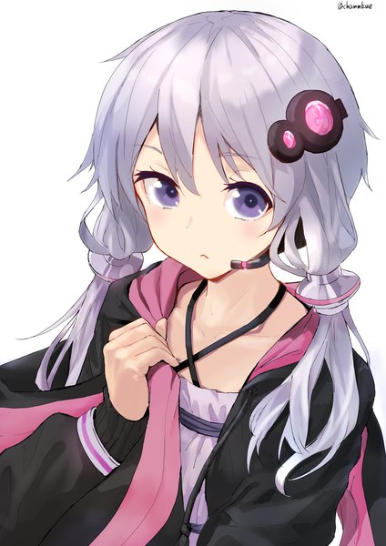 Anime picture 2894x4093 with vocaloid voiceroid yuzuki yukari chamu (chammkue) single long hair tall image looking at viewer fringe highres simple background hair between eyes white background purple eyes signed purple hair upper body twitter username girl microphone
