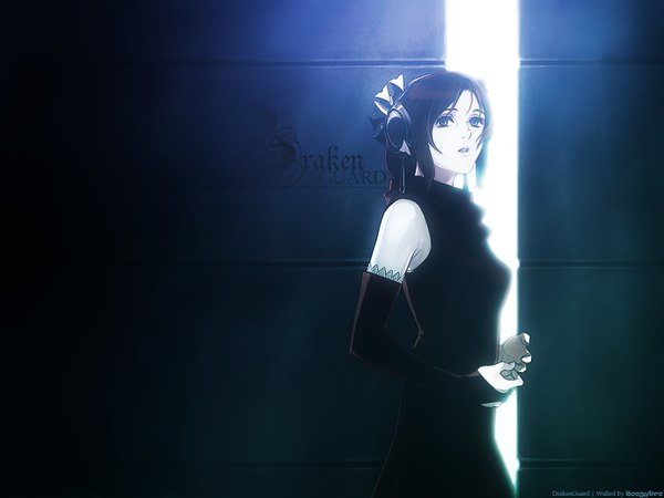 Anime picture 1600x1200 with drakengard furiae fujisaka kimihiko single long hair open mouth black hair bare shoulders brown eyes looking away parted lips wallpaper dark background white skin girl dress detached sleeves headphones black dress