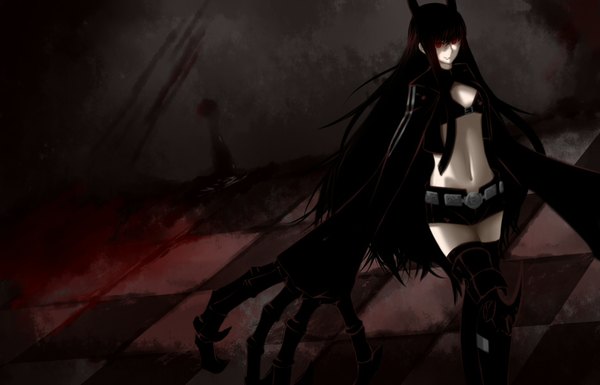 Anime picture 1900x1220 with black rock shooter black gold saw single long hair highres black hair red eyes girl shoes shorts bikini top claws