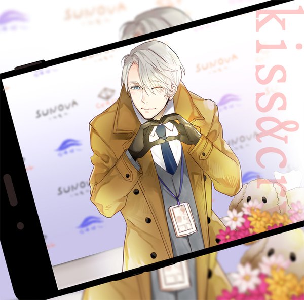 Anime picture 945x931 with yuri!!! on ice mappa viktor nikiforov hash (artist) single fringe short hair blue eyes smile silver hair one eye closed wink hair over one eye heart hands boy gloves flower (flowers) black gloves necktie coat