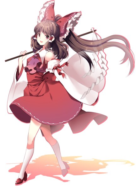 Anime picture 866x1200 with touhou hakurei reimu roh nam kyung single long hair tall image open mouth simple background smile brown hair white background brown eyes ponytail shadow girl dress bow hair bow socks white socks