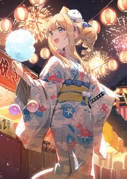 Anime picture 1488x2088 with original nyum single tall image blush fringe short hair open mouth blue eyes blonde hair smile standing holding animal ears payot looking away outdoors traditional clothes :d japanese clothes
