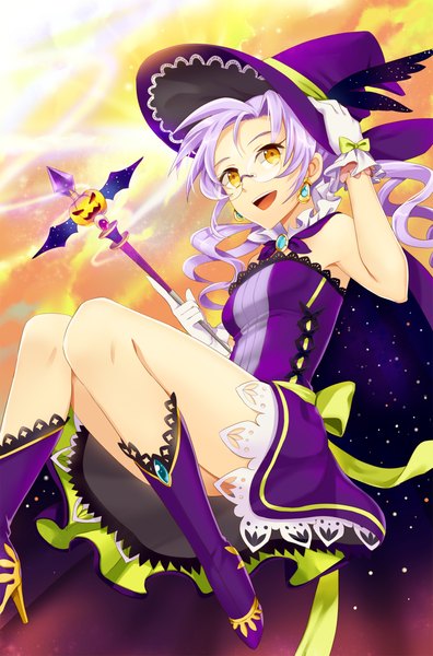 Anime picture 1394x2109 with original anje single long hair tall image yellow eyes purple hair witch girl dress gloves glasses boots witch hat staff