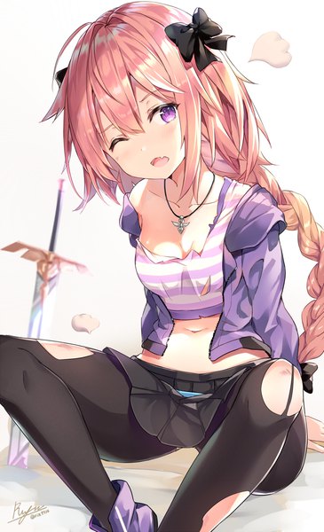 Anime picture 747x1227 with fate (series) fate/apocrypha astolfo (fate) rin yuu single long hair tall image breasts open mouth light erotic sitting purple eyes signed pink hair ahoge braid (braids) one eye closed arm support fang (fangs) torn clothes