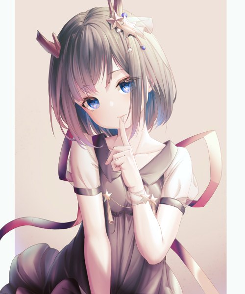 Anime picture 2000x2400 with virtual youtuber nico nico singer kano (singer) amaroku neko single tall image looking at viewer highres short hair blue eyes black hair simple background head tilt horn (horns) puffy sleeves finger to mouth pillarboxed girl hair ornament star (symbol)