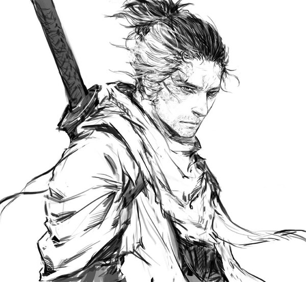Anime picture 1172x1080 with sekiro: shadows die twice from software sekiro scro (artist) single short hair simple background looking away upper body ponytail monochrome scar sheathed bristle boy weapon sword scarf sheath