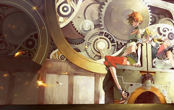 Anime picture 1104x700 with original kukicha short hair open mouth blue eyes blonde hair smile red eyes sitting multiple girls orange hair girl 2 girls earrings shorts belt feather (feathers) fire gears