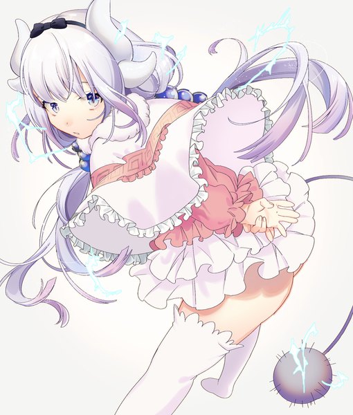 Anime picture 1700x2000 with kobayashi-san chi no maidragon kyoto animation kanna kamui mihatarou single long hair tall image blue eyes light erotic simple background standing twintails silver hair ass tail horn (horns) leaning no shoes leaning forward low twintails