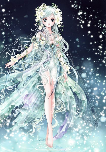 Anime picture 3268x4666 with shiitake (gensoudou) single tall image blush highres blue eyes light erotic looking away absurdres cleavage very long hair barefoot hair flower lips aqua hair bare legs legs insect wings girl dress