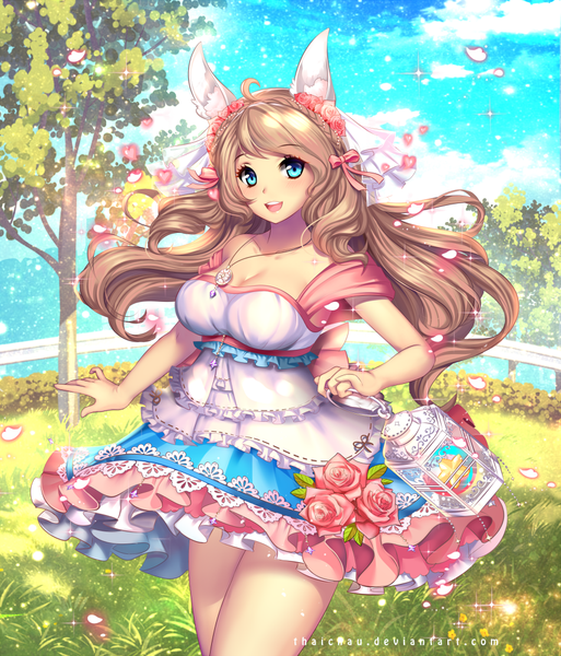 Anime picture 855x1000 with original riiya (mabong1989) single long hair tall image looking at viewer blush fringe breasts open mouth blue eyes smile brown hair standing holding signed animal ears sky cleavage cloud (clouds)