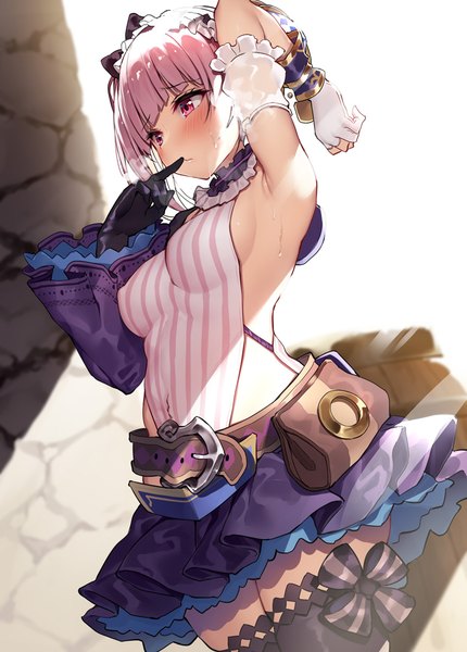 Anime picture 800x1115 with atelier (series) atelier lydie & suelle gust (company) lydie marlen xe (execut3r) single tall image blush short hair breasts light erotic standing looking away pink hair outdoors pink eyes arm up wide sleeves armpit (armpits) sweat