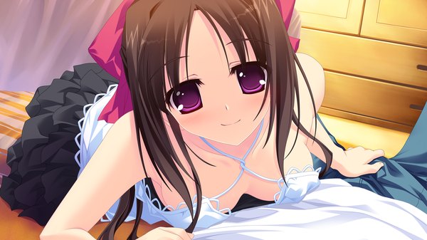 Anime picture 1280x720 with amakan (game) yashima otome long hair breasts light erotic black hair smile wide image game cg pink eyes girl