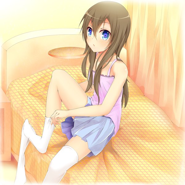 Anime picture 1240x1240 with original raivu single long hair blue eyes brown hair sitting girl thighhighs skirt miniskirt white thighhighs bed