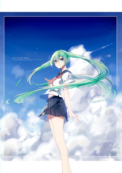 Anime picture 2894x4093 with vocaloid hatsune miku xy (pixiv8783776) single tall image fringe highres hair between eyes twintails looking away sky cloud (clouds) very long hair pleated skirt aqua eyes green hair wind bare legs short sleeves alternate costume