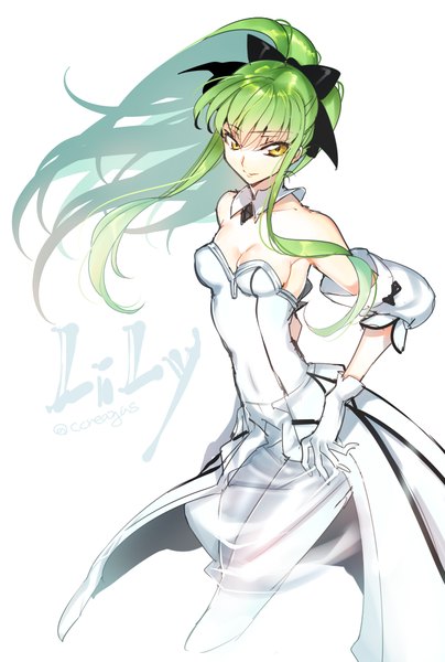 Anime picture 700x1040 with fate (series) fate/stay night code geass sunrise (studio) type-moon c.c. creayus single long hair tall image fringe simple background smile standing white background bare shoulders yellow eyes ponytail green hair cosplay