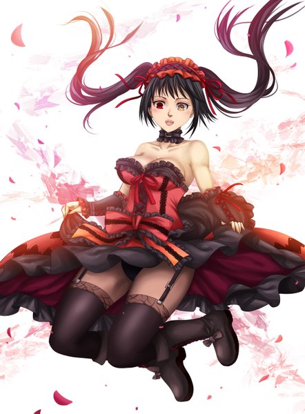 Anime picture 1000x1355 with date a live tokisaki kurumi roland-gin (gin-1994) single long hair tall image fringe breasts open mouth light erotic black hair red eyes large breasts twintails bare shoulders yellow eyes cleavage heterochromia looking down jumping
