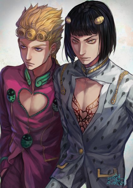 Anime picture 1612x2280 with jojo no kimyou na bouken giorno giovanna bruno buccellati fan ju tall image fringe short hair black hair simple background blonde hair purple eyes signed yellow eyes looking away from above grey background multiple boys tattoo drill hair dated