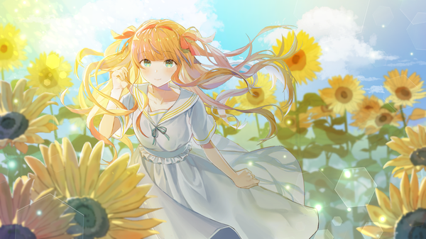 Anime picture 2880x1620 with original ppyono single long hair blush fringe highres wide image green eyes sky outdoors blunt bangs wind orange hair short sleeves two side up lens flare sailor collar girl flower (flowers)