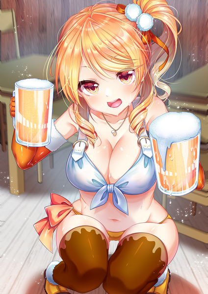 Anime picture 2894x4093 with original asakishoten single long hair tall image looking at viewer blush fringe highres breasts open mouth light erotic blonde hair smile large breasts sitting holding payot cleavage bent knee (knees)